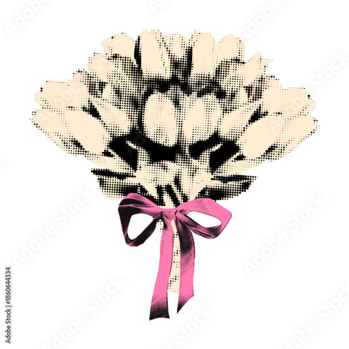 Halftone tulips bouquet, flowers tied with pink ribbon in bow. Spring flowers cut out element, floral clipping sticker for collage and scrapbook. Modern retro grunge mixed media vector illustration