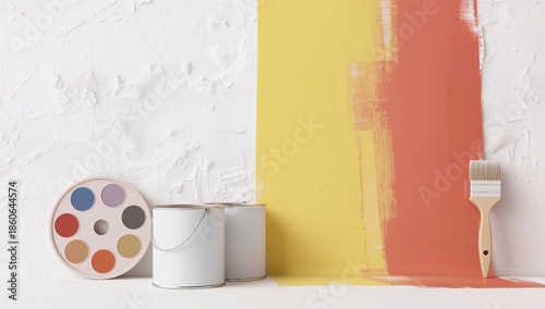 Wall Painting Project With Paint Cans and Brush in a Workspace
