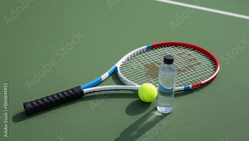 Tennis Racket, Ball, and Water Bottle on Blue Court Surface During Match Prep...