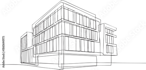 Line drawing of a modern multistory building with many windows and balconies