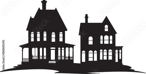 silhouette of two old houses with porches and chimneys on a plain white background