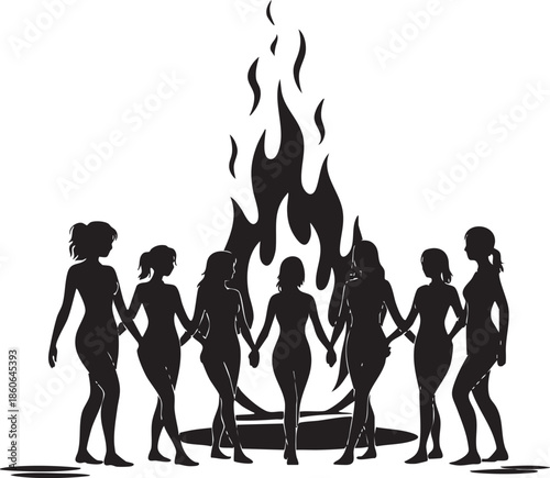 silhouette of women standing around a campfire holding hands in a circle