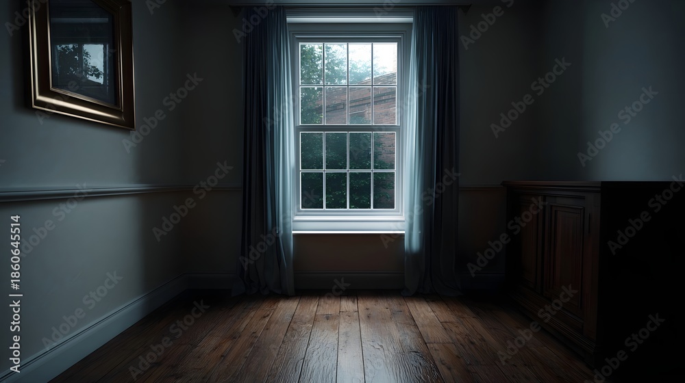 Fototapeta premium A dimly lit room interior featuring a central window with blue curtains wooden floor and a framed artwork