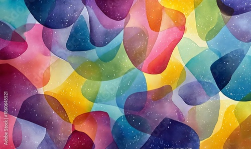 Abstract watercolor painting with vibrant, overlapping, translucent shapes in various colors.