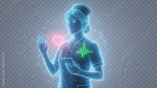 A glowing blue neon illustration of a woman with a heart and ecg symbol on her chest and hand a transparent background with a subtle grey checkered pattern