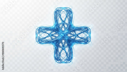 A blue wireframe cross with a complex network of lines and glowing effect on a transparent background with subtle grey checkerboard pattern