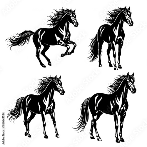 Set of four black horse silhouettes in different poses