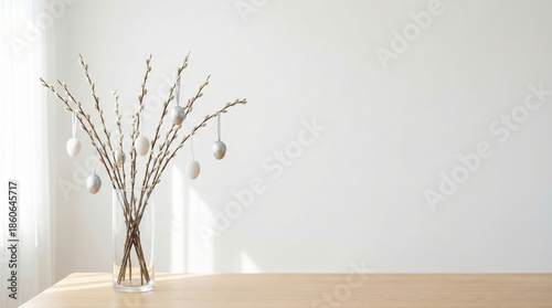 Scandi Style Easter Background with Pussy Willow Branches and White Silver Eggs in Glass Vase with Copy Space 4k