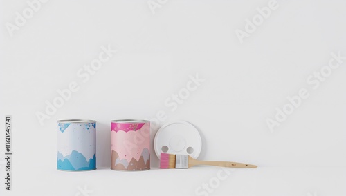 Wall Painting Project With Paint Cans and Brush in a Workspace