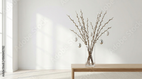 Minimalist Easter Interior Decor with Pussy Willow and Silver Eggs on Wooden Table in Bright Living Room 4k