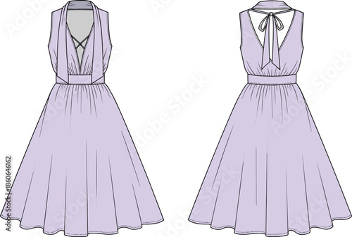 Lavender sleeveless midi dress, fashion illustration with elegant a line silhouette technical flat sketch front back view vector