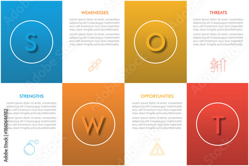SWOT Analysis Infographics Diagram with Four Steps or Options. Business Advantages and Disadvantages. Colorful Presentation Template for Planning, Management, and Evaluation of Project.