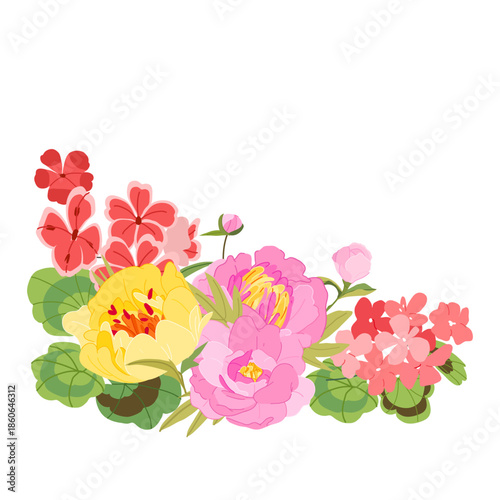 Elegant botanical corner composition with lush pink peony blooms and detailed geranium flowers with green leaf accents vector illustration. Perfect for romance wedding stationery, spring branding