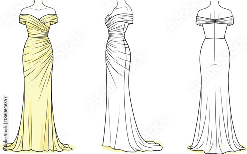 Off shoulder draped evening gown fashion illustration showing front side and back views of elegant dress