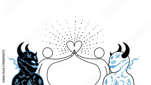 Stylized illustration of love conquering good and evil in harmony