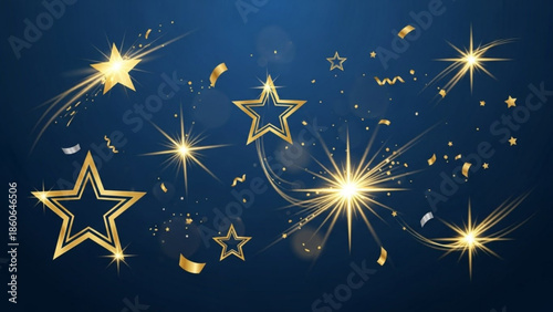 Golden Stars Sparkling Starbursts Confetti on Dark Blue Background Abstract Vector Design