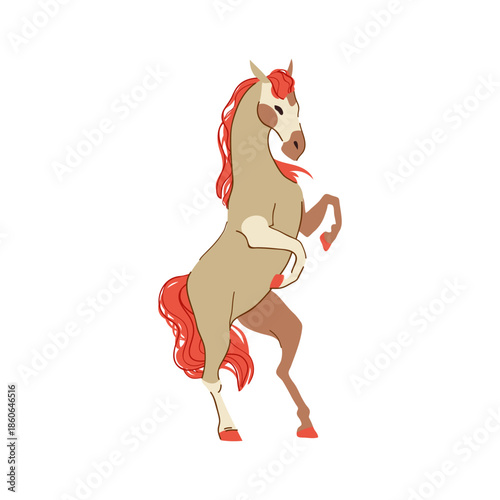 Brown horse mascot with a vibrant red fiery mane standing in a modern flat vector style. Chinese Lunar Year of the Horse.