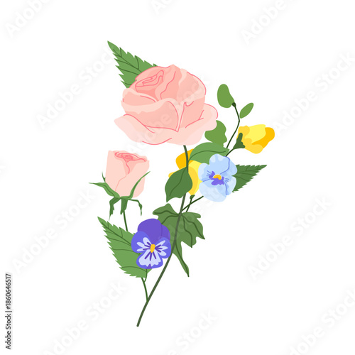 botanical vector illustration featuring an elegant rose branch paired with a vibrant pansy flower and detailed green leaves for heirloom romance wedding stationery