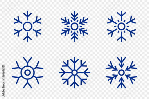 Six blue snowflakes. Vector winter outline illustration set for Christmas and seasonal festive clipart
