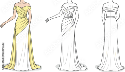 Off shoulder draped evening gown fashion illustration with female figure front side and back views