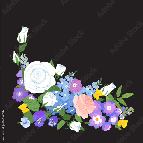 Elegant botanical corner composition with rose blooms and blue delphinium flowers with lush green leaf. Vector illustration featuring romantic accents for heirloom wedding stationery