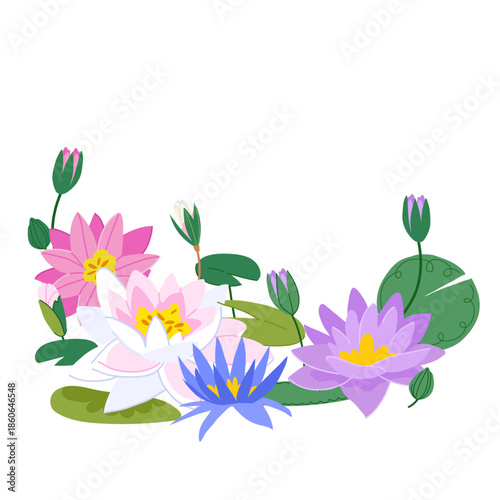 Elegant vector composition of water lily flowers and lush green leaves isolated on a white background. Botanical design perfect for spa, zen, floral, and nature-inspired projects