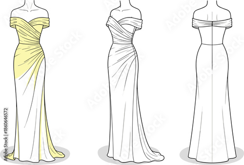 Off shoulder draped evening gown technical drawing with front side and back views elegant fashion illustration