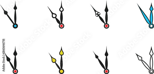 Colorful clock hands set various designs and colors on transparent background