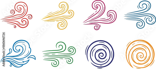 Colorful swirling wind and water vector designs on transparent background