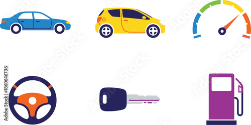 Collection of colorful car icons with speedometer key and gas pump on transparent background