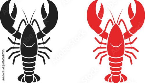 Two lobster illustrations in black and red side by side on transparent background