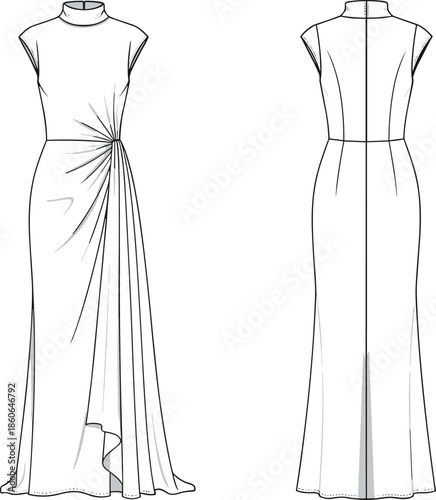 Sleeveless high-neck maxi dress vector illustration with draped front detail and fitted silhouette technical fashion drawing