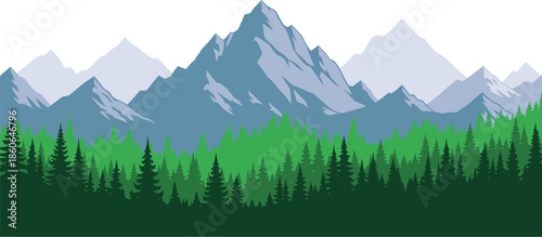 Stylized mountain range with pine forest silhouette on transparent background