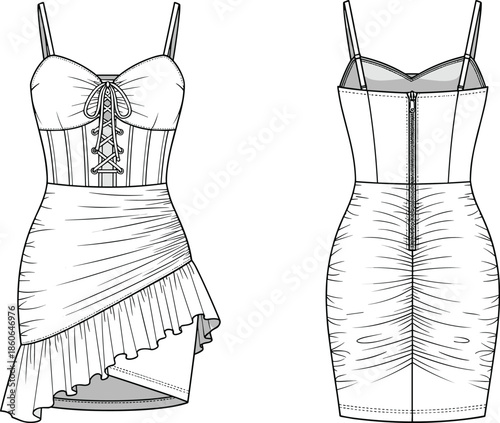 Women bodycon mini dress technical fashion illustration with front and back views, lace up corset bodice, spaghetti straps, asymmetrical hem design
