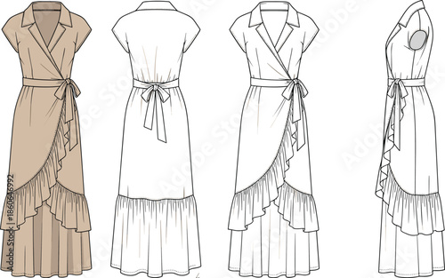 Women wrap maxi dress technical fashion illustration with front back and side views, lapel neckline, waist tie, layered ruffle hem design
