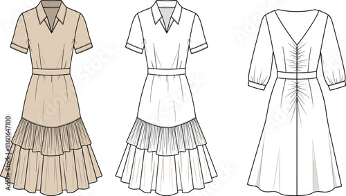 Women collared midi dress technical fashion illustration with front back and color views, short sleeves, layered ruffle hem, modern apparel sketch