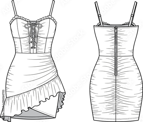 Women corset bodycon mini dress technical fashion illustration showing front and back views with lace up bodice, spaghetti straps, ruffle hem
