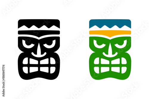 Black and color tiki mask with zigzag crown and fierce expression. Polynesian tribal style vector design for tattoos, decor and cultural festival graphics