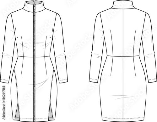 Women fitted long sleeve coat dress fashion technical illustration with front zipper high collar flat sketch