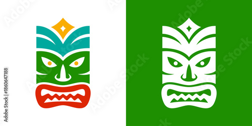 Polynesian tiki mask in green and white variations. Tribal style vector illustration for tattoos, festival artwork and cultural decor