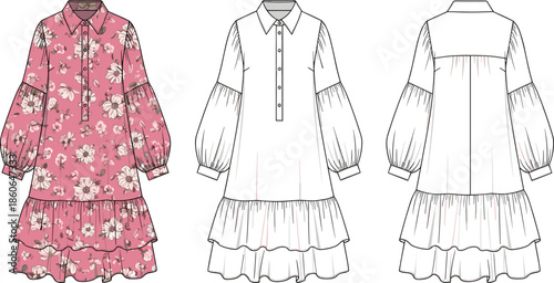 Women floral shirt dress technical fashion illustration with front back and color views, long puff sleeves, button placket, ruffle hem design