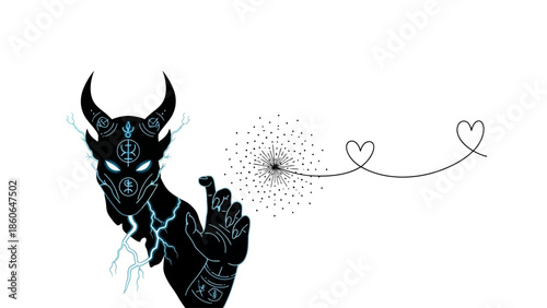 Mysterious horned creature with glowing blue markings and hearts