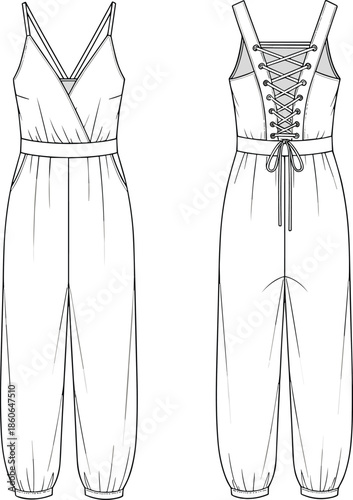 Women jumpsuit technical fashion illustration with front and back views, lace up corset back, sleeveless modern apparel flat sketch