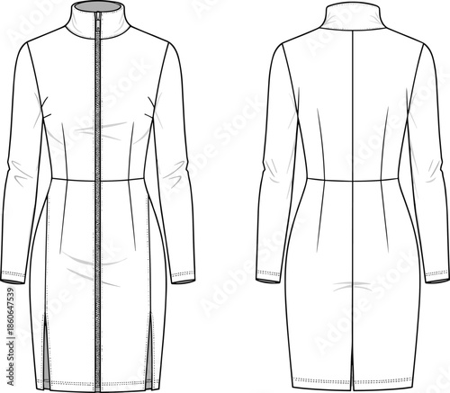 Women long sleeve fitted coat dress fashion technical illustration with front zipper high neck flat sketch