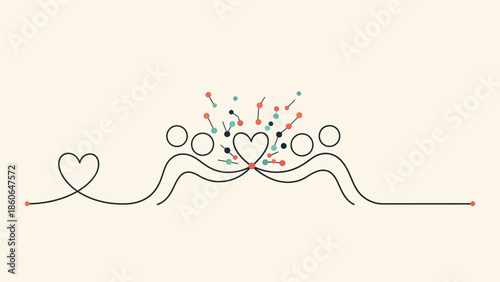 Stylish line art of connected people with hearts and vibrant dots