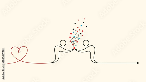 Stylized illustration of two people connected by a geometric network