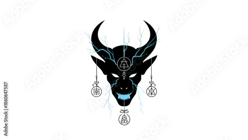 Mystical bull head with glowing blue lightning and symbolic ornaments