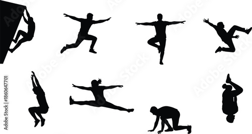 Parkour and acrobatic athlete silhouettes set, climbing jumping balancing and flipping figures, extreme sports movement illustration isolated on white background