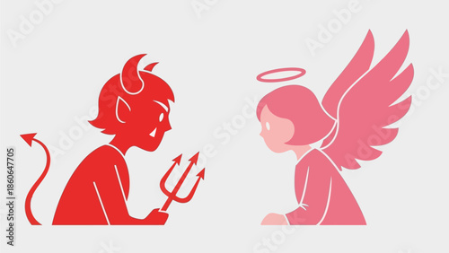 Devil and angel facing each other in contrasting red and pink hues