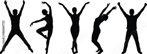 People dancing silhouettes energetic men and women jumping expressive movement freedom joy fitness isolated black white illustration modern lifestyle concept